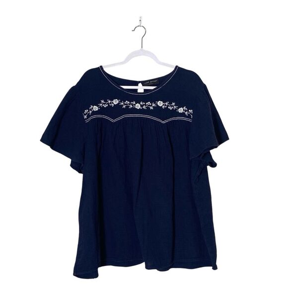 Lane Bryant Navy Blue Floral Embroidered Gauzy Cotton Summer Top Women's Size 26 - Picture 1 of 8